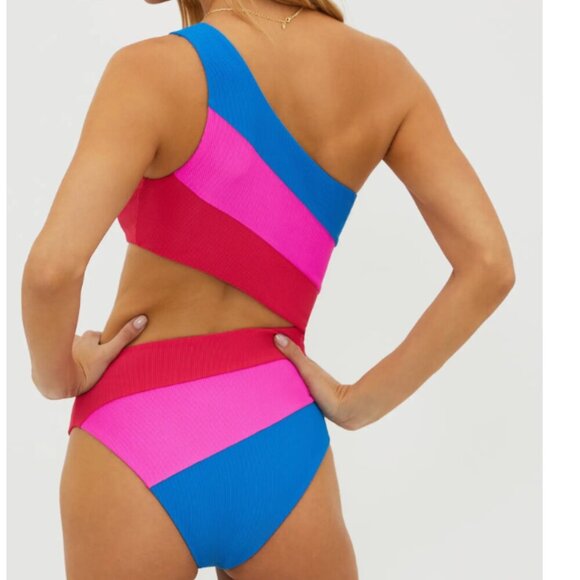 Beach Riot Joyce Stripe Cutout One-Piece Swimsuit Orchid Color Block Size Medium - Picture 2 of 4